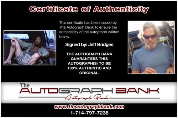 Jeff Bridges certificate of authenticity from the autograph bank