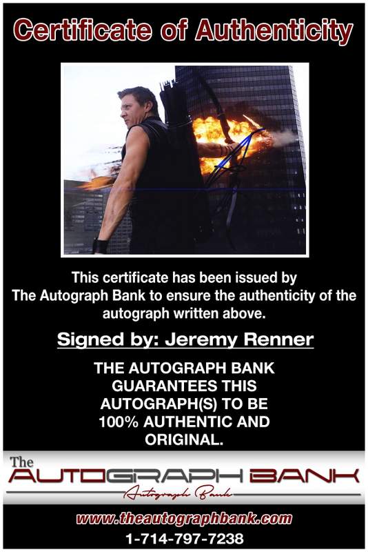 Jeremy Renner certificate of authenticity from the autograph bank