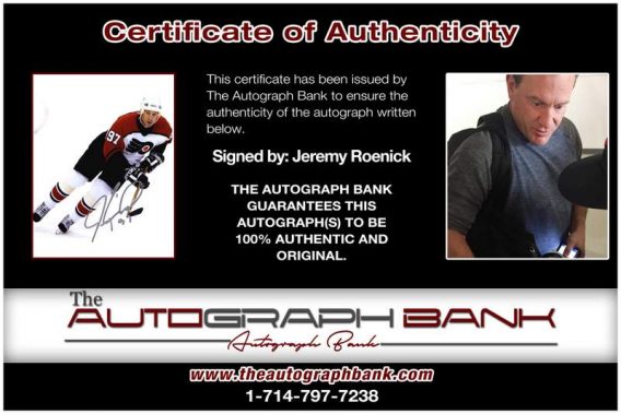 Jeremy Roenick certificate of authenticity from the autograph bank