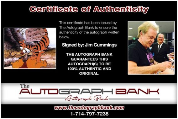 Jim Cummings certificate of authenticity from the autograph bank