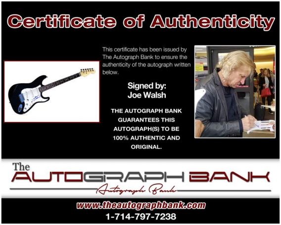 Joe Walsh certificate of authenticity from the autograph bank