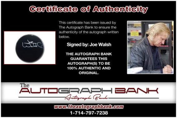 Joe Walsh certificate of authenticity from the autograph bank