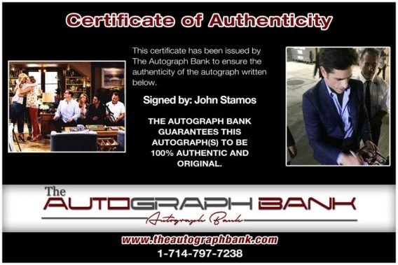John Stamos certificate of authenticity from the autograph bank