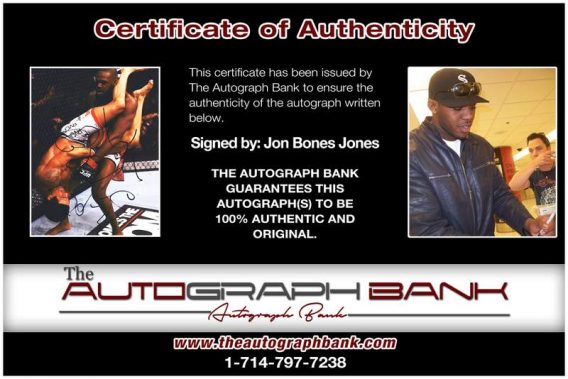 Jon Bones certificate of authenticity from the autograph bank