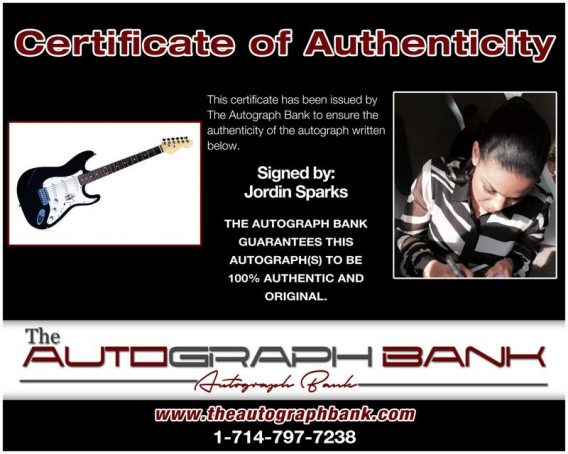 Jordin Sparks certificate of authenticity from the autograph bank