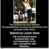 Justin Rose certificate of authenticity from the autograph bank