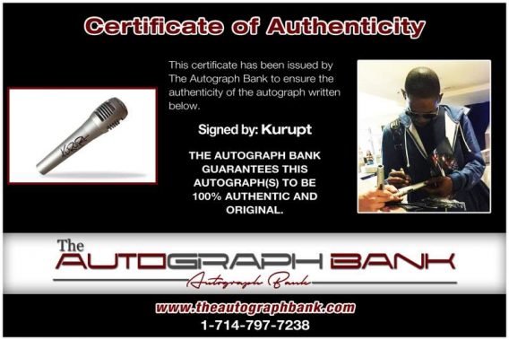 Kurupt certificate of authenticity from the autograph bank