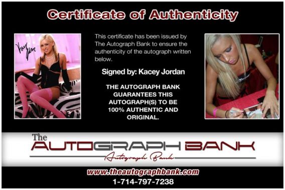 Kacey Jordan certificate of authenticity from the autograph bank