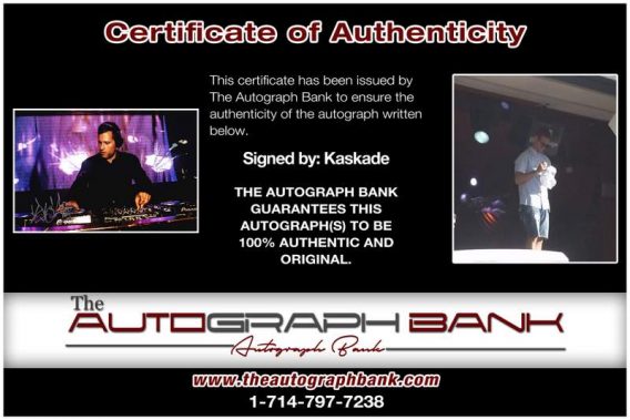 Kaskade certificate of authenticity from the autograph bank