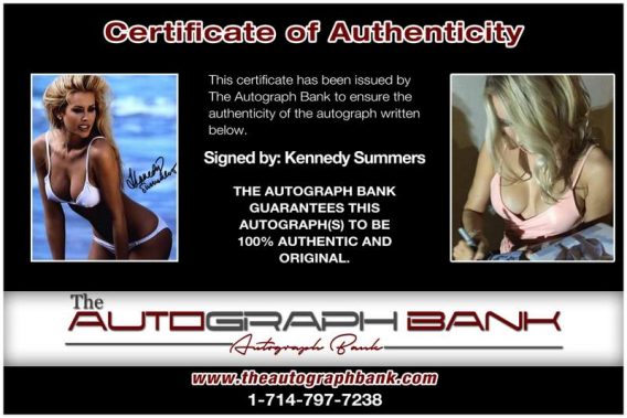 Kennedy Summers certificate of authenticity from the autograph bank