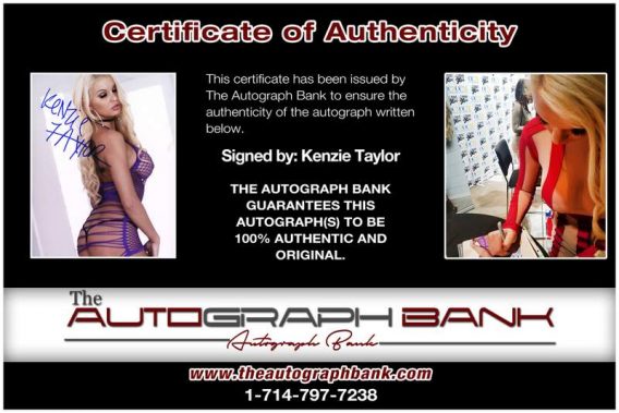Kenzie Taylor certificate of authenticity from the autograph bank