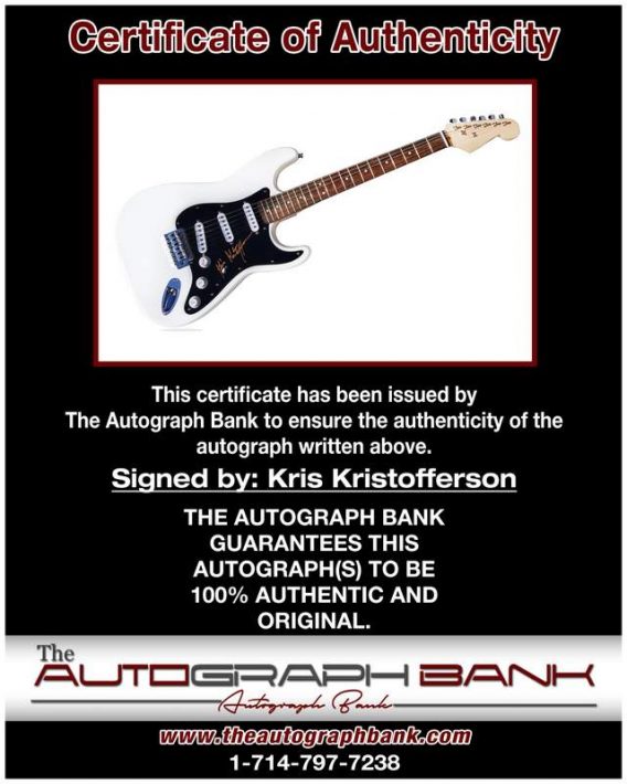 Kris Kristofferson certificate of authenticity from the autograph bank