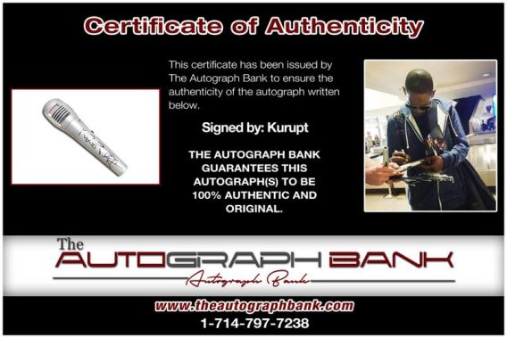 Kurupt certificate of authenticity from the autograph bank