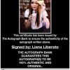 Liana Liberato certificate of authenticity from the autograph bank