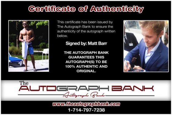 Matt Barr certificate of authenticity from the autograph bank