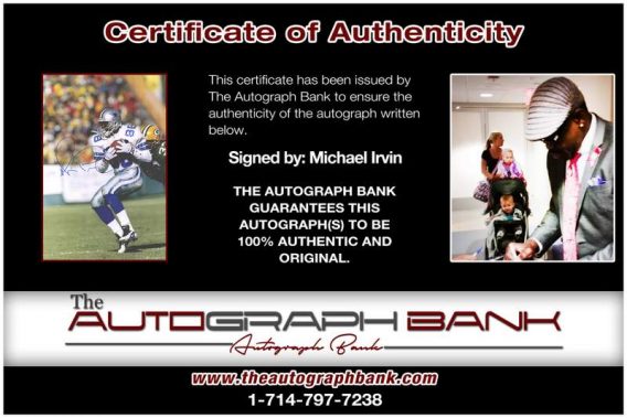Michael Irvin certificate of authenticity from the autograph bank