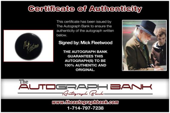 Mick Fleetwood certificate of authenticity from the autograph bank