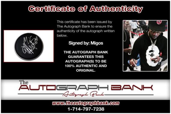 Migos certificate of authenticity from the autograph bank