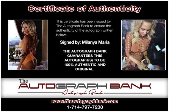 Milanya Maria certificate of authenticity from the autograph bank