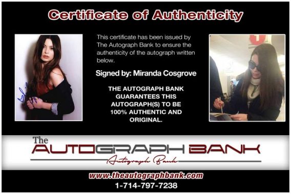 Miranda Cosgrove certificate of authenticity from the autograph bank
