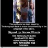 Naomi Woods certificate of authenticity from the autograph bank