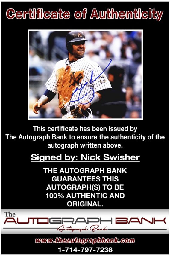Nick Swisher certificate of authenticity from the autograph bank