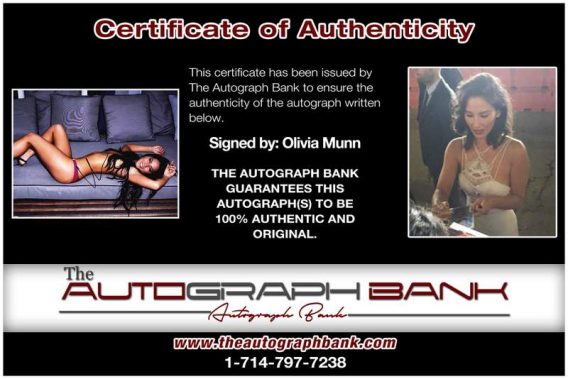 Olivia Munn certificate of authenticity from the autograph bank