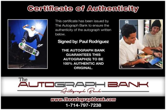 Paul Rodriguez certificate of authenticity from the autograph bank