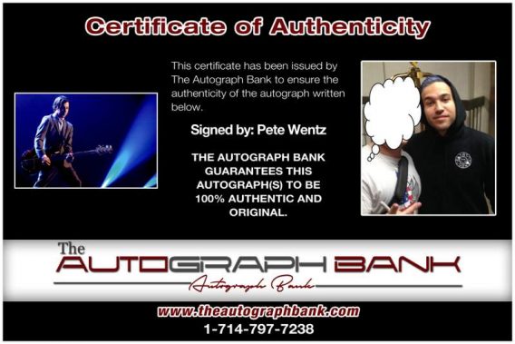 Pete Wentz certificate of authenticity from the autograph bank