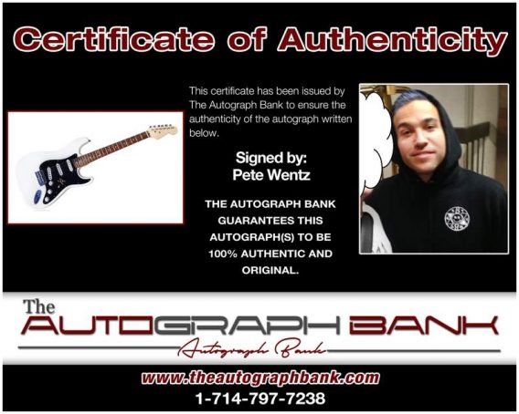 Pete Wentz certificate of authenticity from the autograph bank