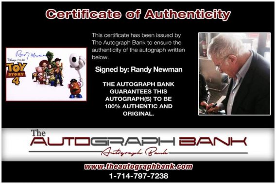 Randy Newman certificate of authenticity from the autograph bank