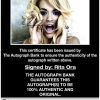 Rita Ora certificate of authenticity from the autograph bank