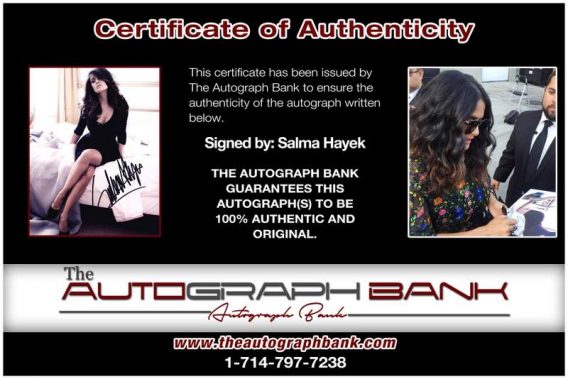 Salma Hayek certificate of authenticity from the autograph bank