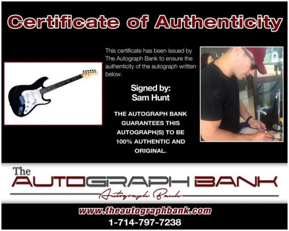Sam Hunt certificate of authenticity from the autograph bank