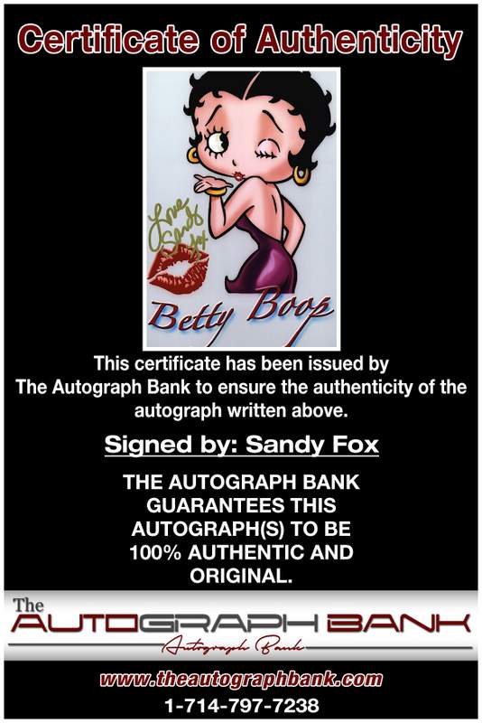 Sandy Fox certificate of authenticity from the autograph bank