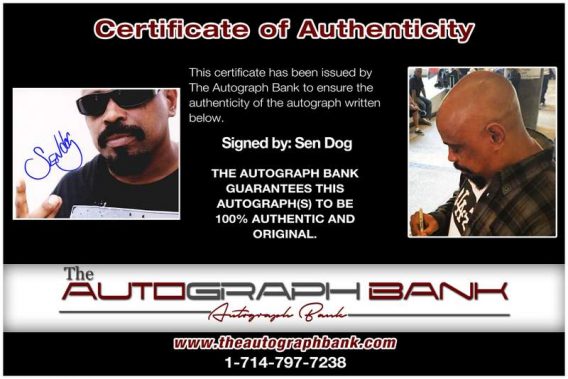 Sen Dog certificate of authenticity from the autograph bank