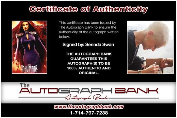 Serinda Swan certificate of authenticity from the autograph bank