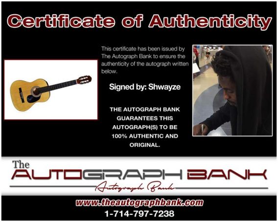 Shwayze certificate of authenticity from the autograph bank