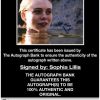 Sophia Lillis certificate of authenticity from the autograph bank