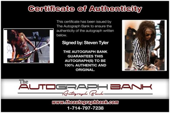 Steven Tyler certificate of authenticity from the autograph bank