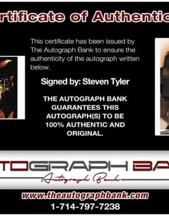 Steven Tyler certificate of authenticity from the autograph bank