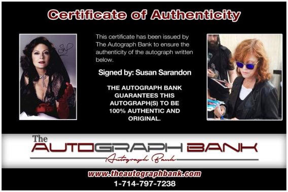 Susan Sarandon certificate of authenticity from the autograph bank