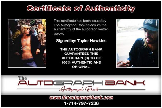 Taylor Hawkins certificate of authenticity from the autograph bank