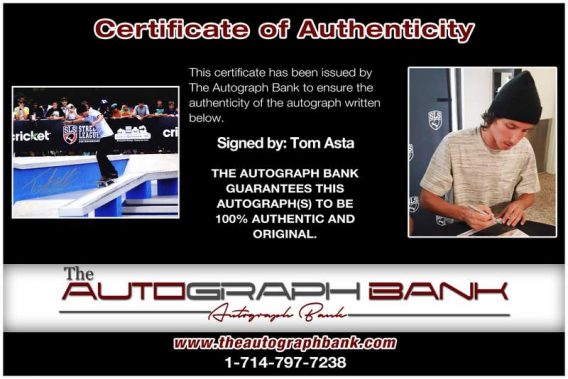 Tom Asta certificate of authenticity from the autograph bank