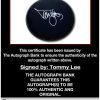 Tommy Lee certificate of authenticity from the autograph bank
