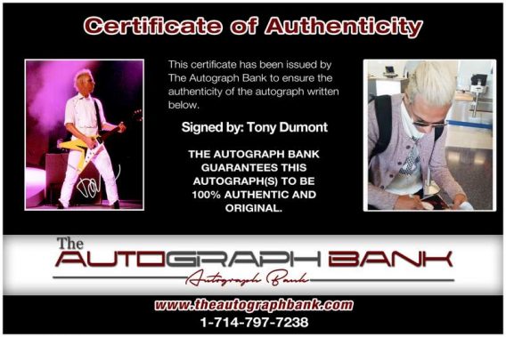 Tony Dumont certificate of authenticity from the autograph bank