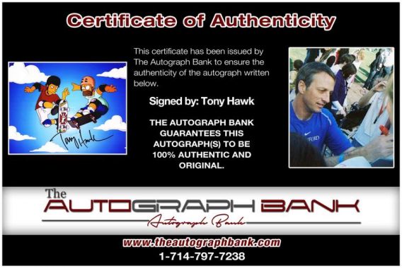 Tony Hawk certificate of authenticity from the autograph bank