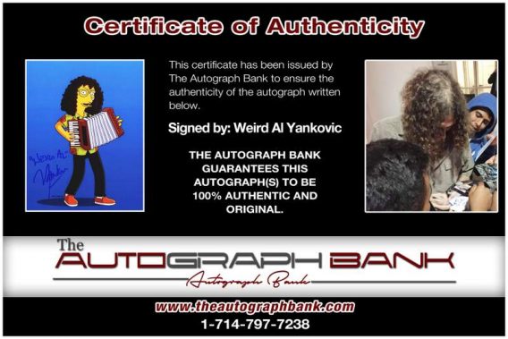 Weird Al Yankovic certificate of authenticity from the autograph bank