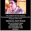 Zach Woods certificate of authenticity from the autograph bank