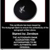 Zendaya certificate of authenticity from the autograph bank